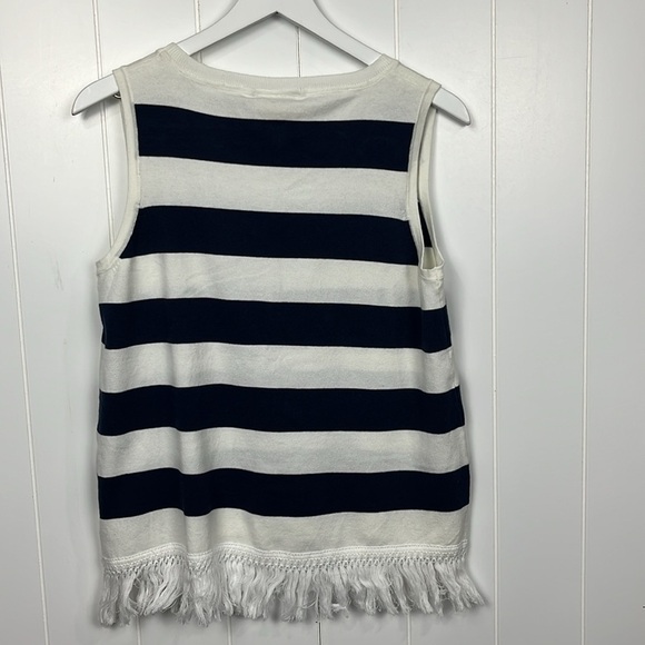 Sail to Sable Womens Sweater M Blue/White Stripes Sleeveless Fringe Hem Pullover - Picture 7 of 11
